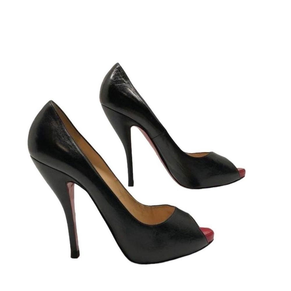 Christian Louboutin Black Leather Peep-Toe Pumps with Red Soles
